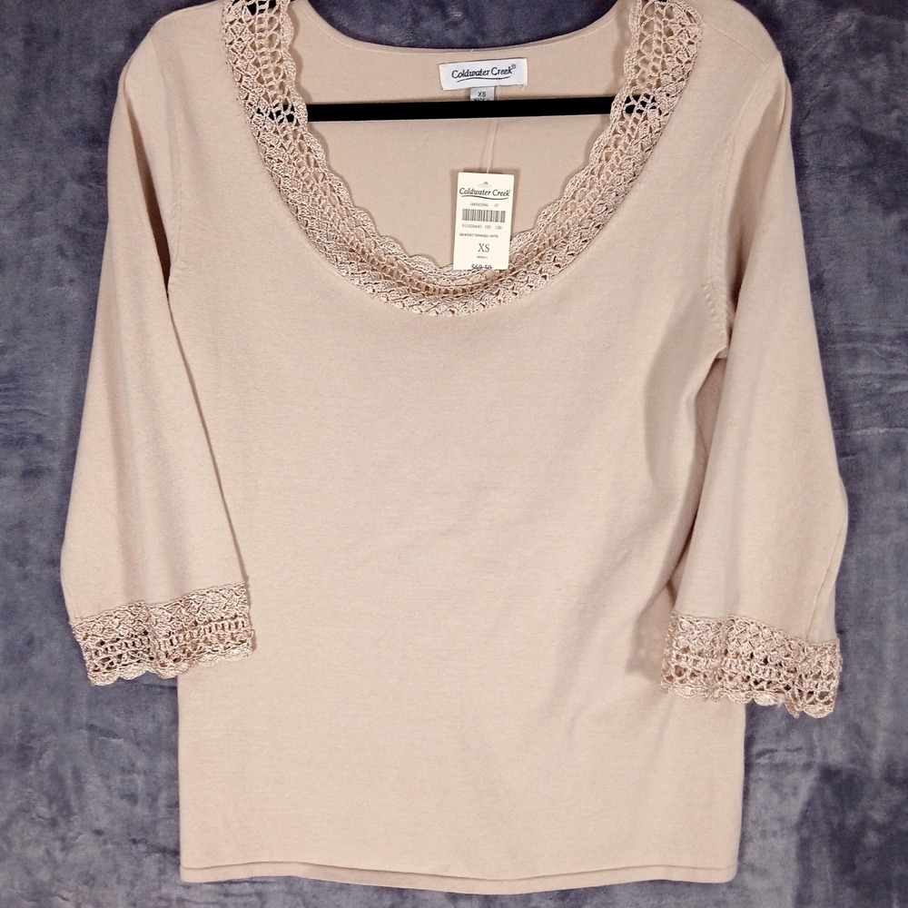 Coldwater Creek Sweater Womens XS Beige Silk Blend Crochet‎ Lace Scoop Neck NWT